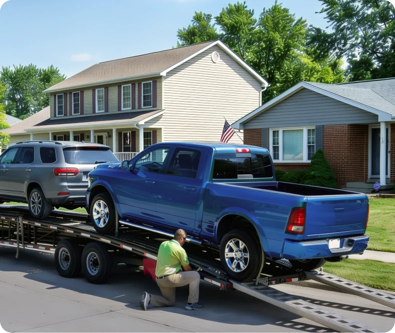 Driver loading a pickup truck onto an open car hauler