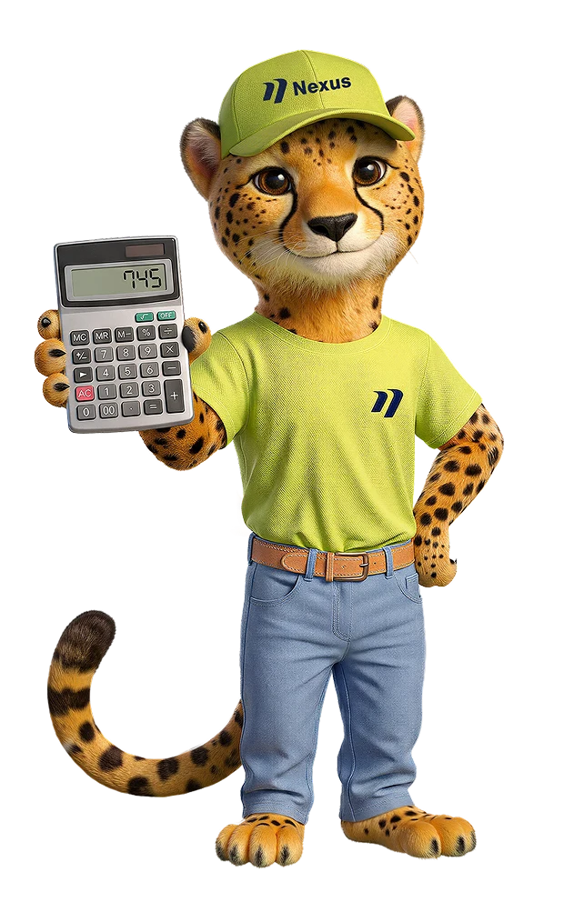 Nexie mascot holding a calculator