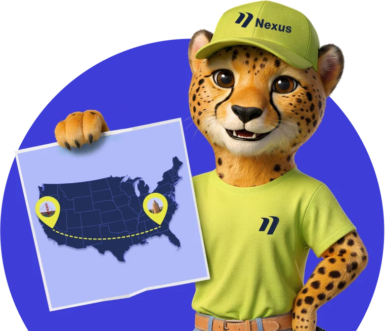 Nexie mascot holding a map of the United States