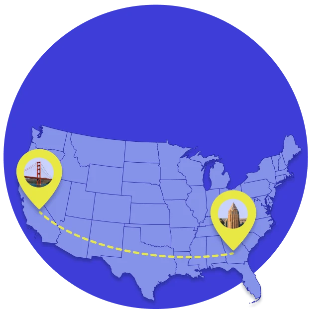 Map of the United States with a coast-to-coast shipping route