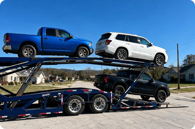 Pickup truck and SUV loaded onto an open car hauler