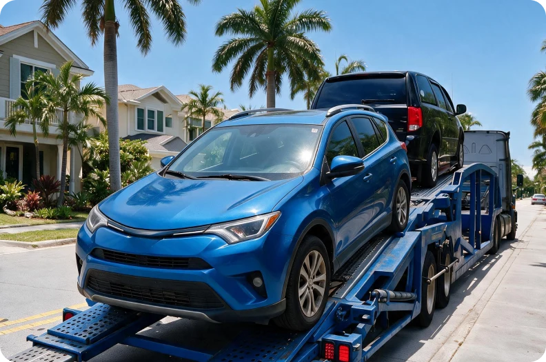 Car hauler loading a vehicle on a palm-lined street