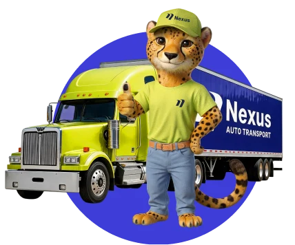 Nexie mascot beside a Nexus car hauler