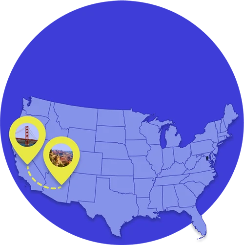 Map of the United States with a state-to-state shipping route